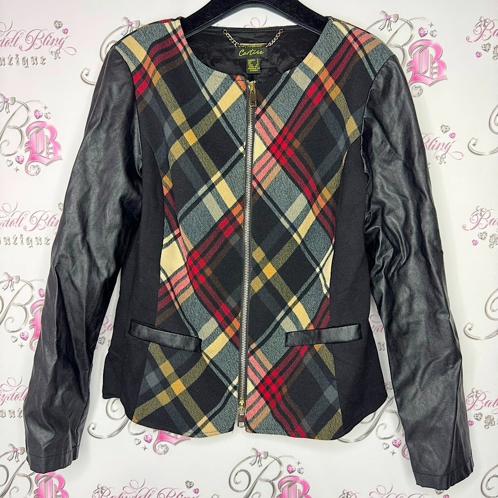 Cartise jacket coat zip up plaid black faux leather sleeves zipper gold hardware